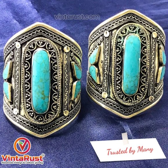 Single Afghan Cuff Turquoise Bracelet, Vintage Tribal Cuff, - Picture 1 of 7